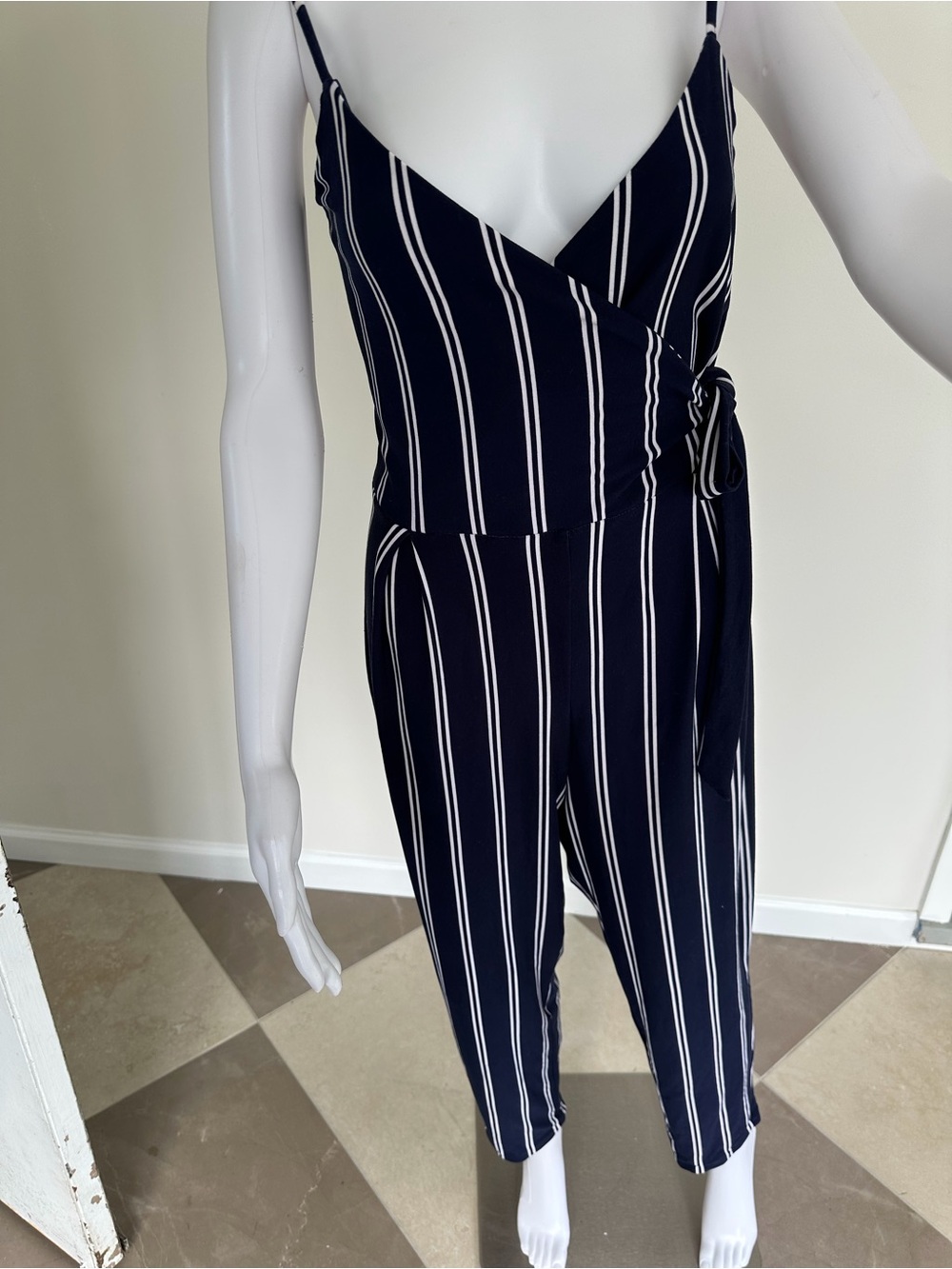 Derek Heart Navy and White Striped Wrap Jumpsuit